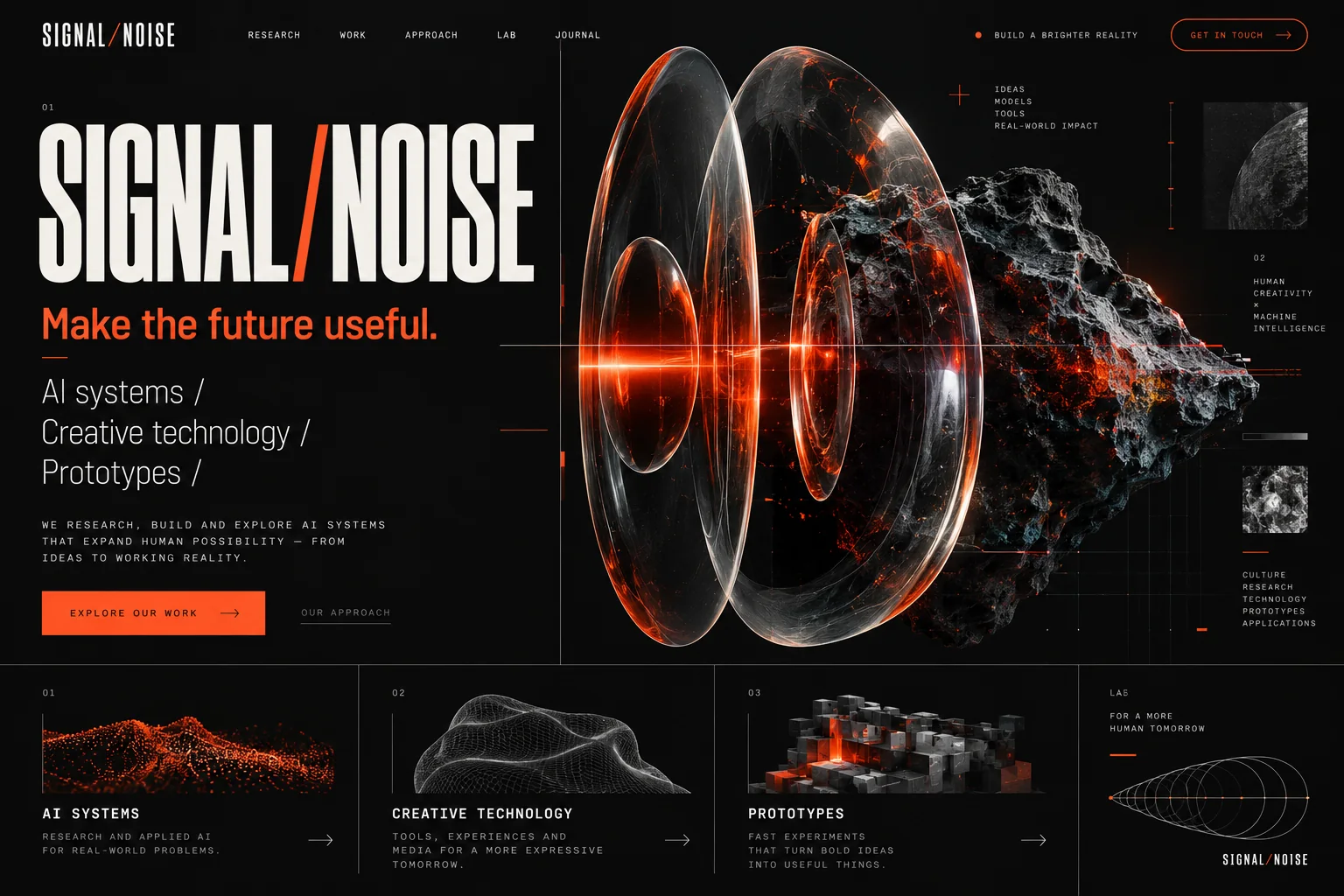 Signal/Noise: dark, high-contrast AI and creative technology studio website concept with glowing orange-red forms