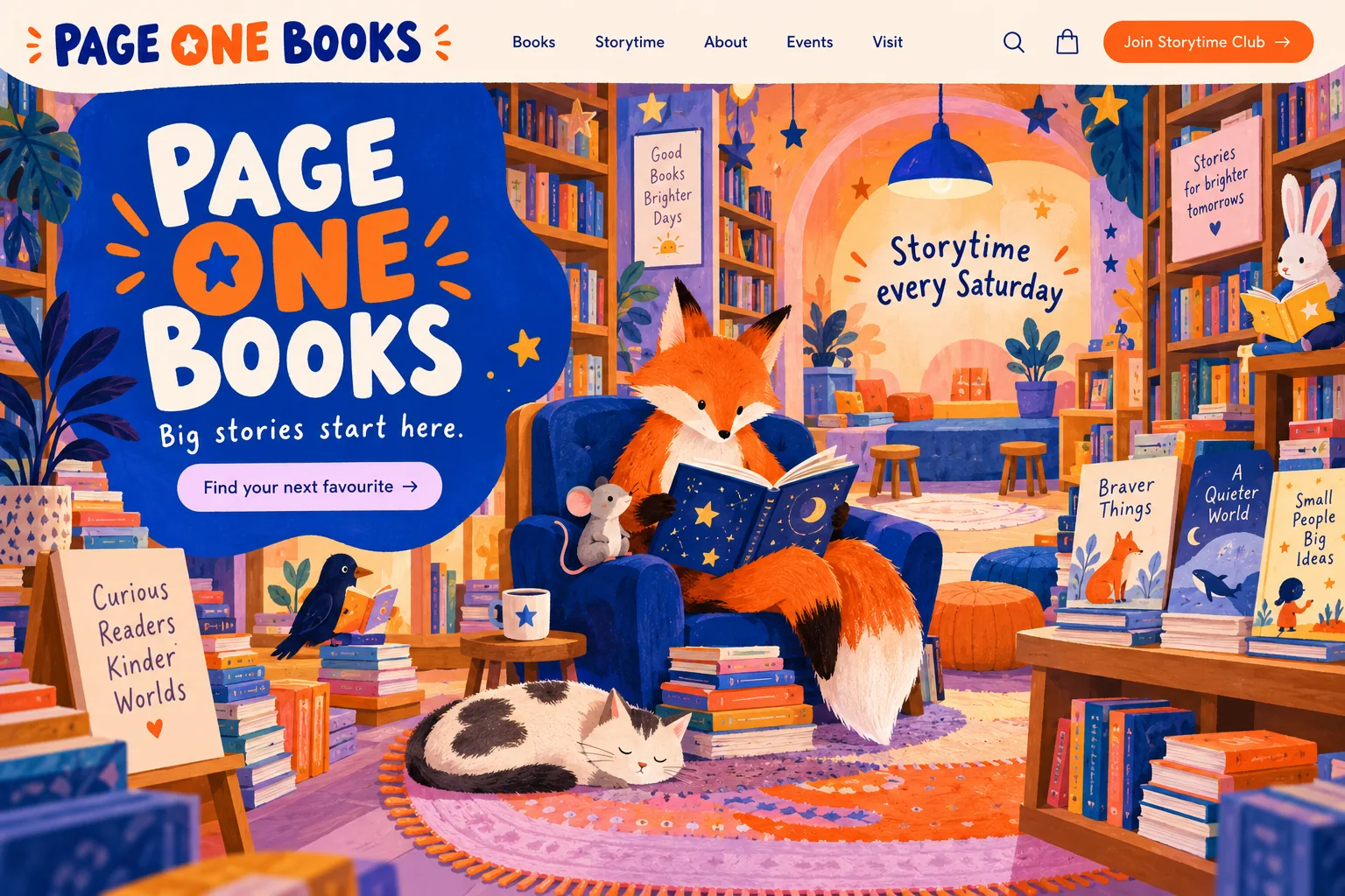 Page One Books: illustrated children’s bookshop homepage design concept