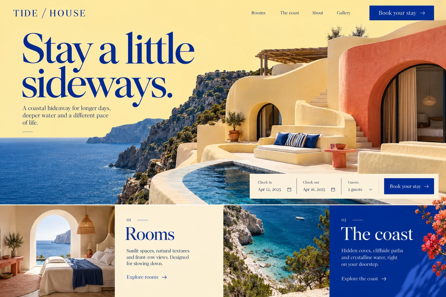 Tide / House: colourful coastal hotel website design with a sculptural seaside stay and clear booking panel