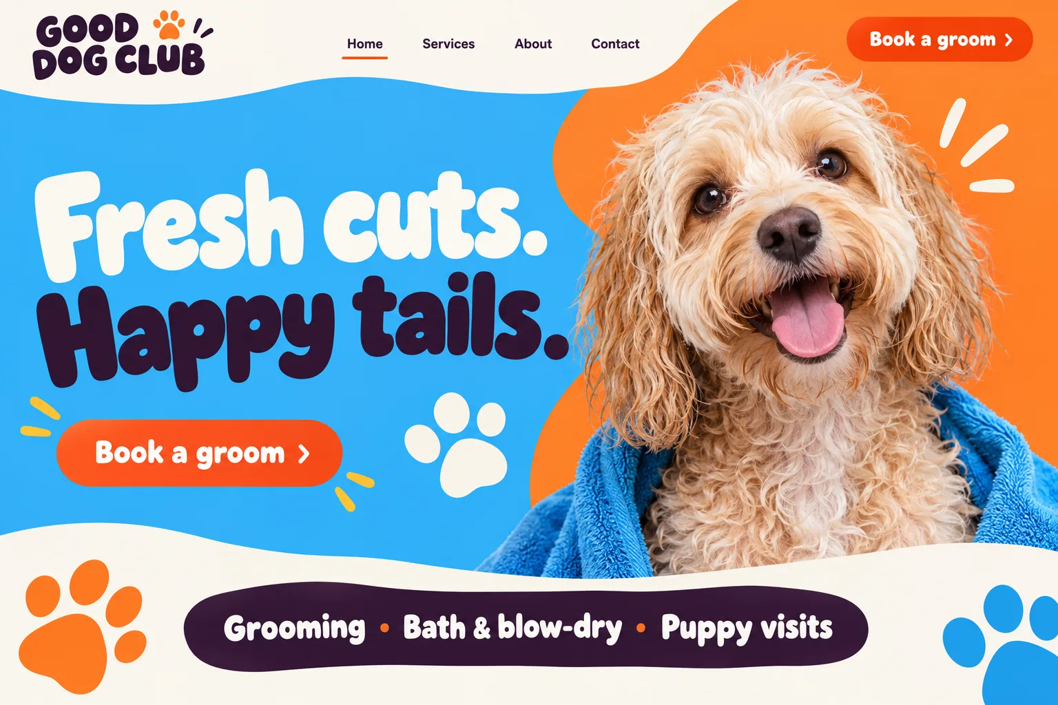 Good Dog Club: colourful dog grooming homepage design concept