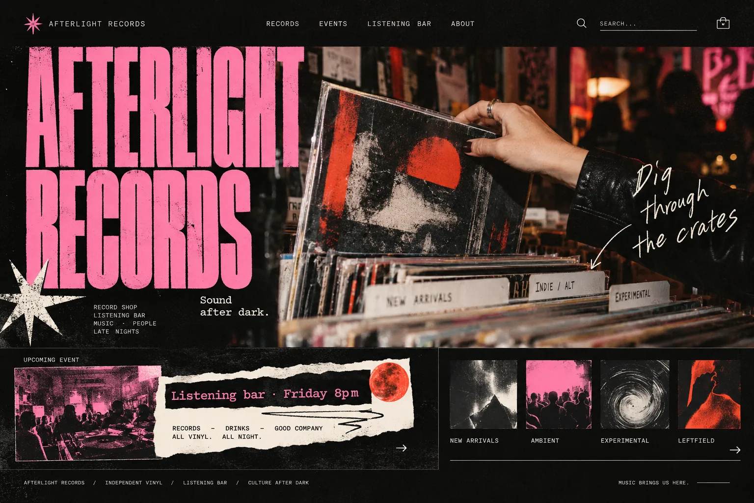 Afterlight Records: independent record shop and listening bar homepage design concept